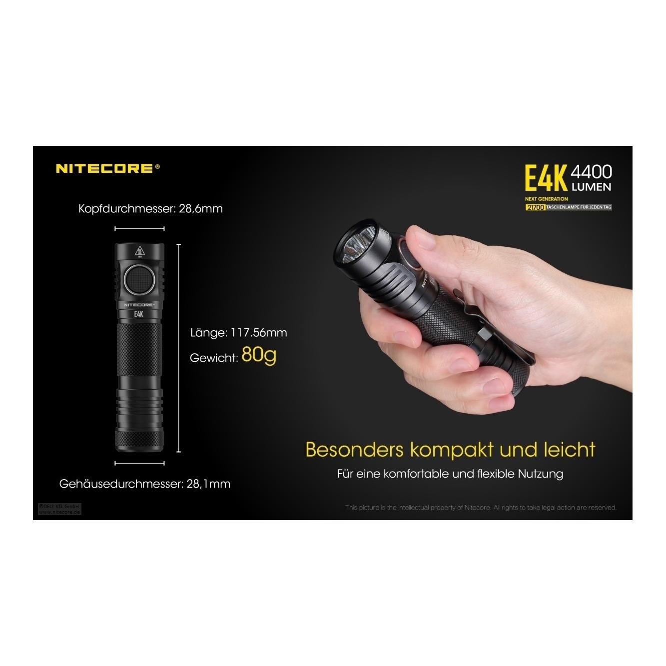 Lampe de poche E4K 4400 lumens – noir