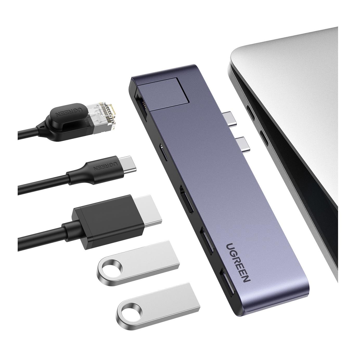 Image of Ugreen Dual USB-C zu 2x USB-A 3.0 + USB-C + HDMI + Ethernet Hub - Grau bei Hauptner.ch