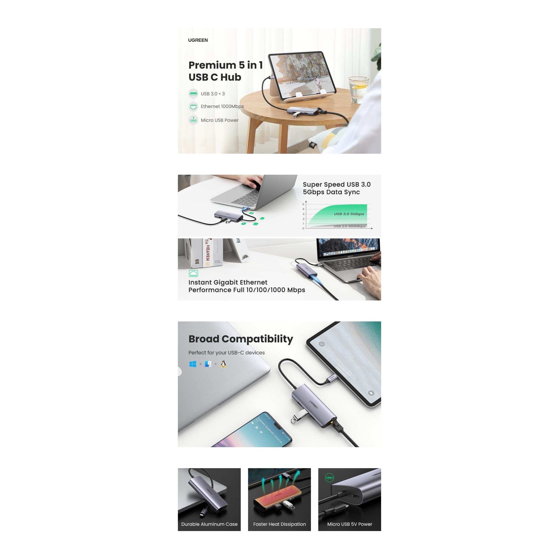 Image of Ugreen USB-C zu 3x USB-A 3.0 + Ethernet Hub - Grau bei Hauptner.ch