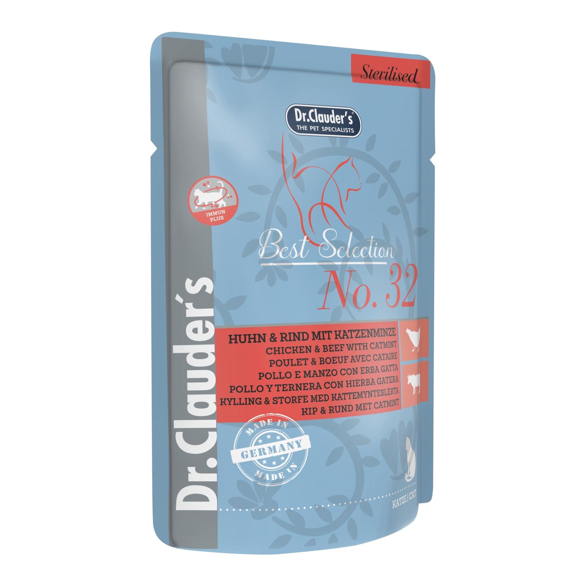Image of Dr.Clauder's Best Selection Sterilised No 32 Huhn & Rind mit Katzenminze 85g Beutel - Blau - bei Hauptner.ch