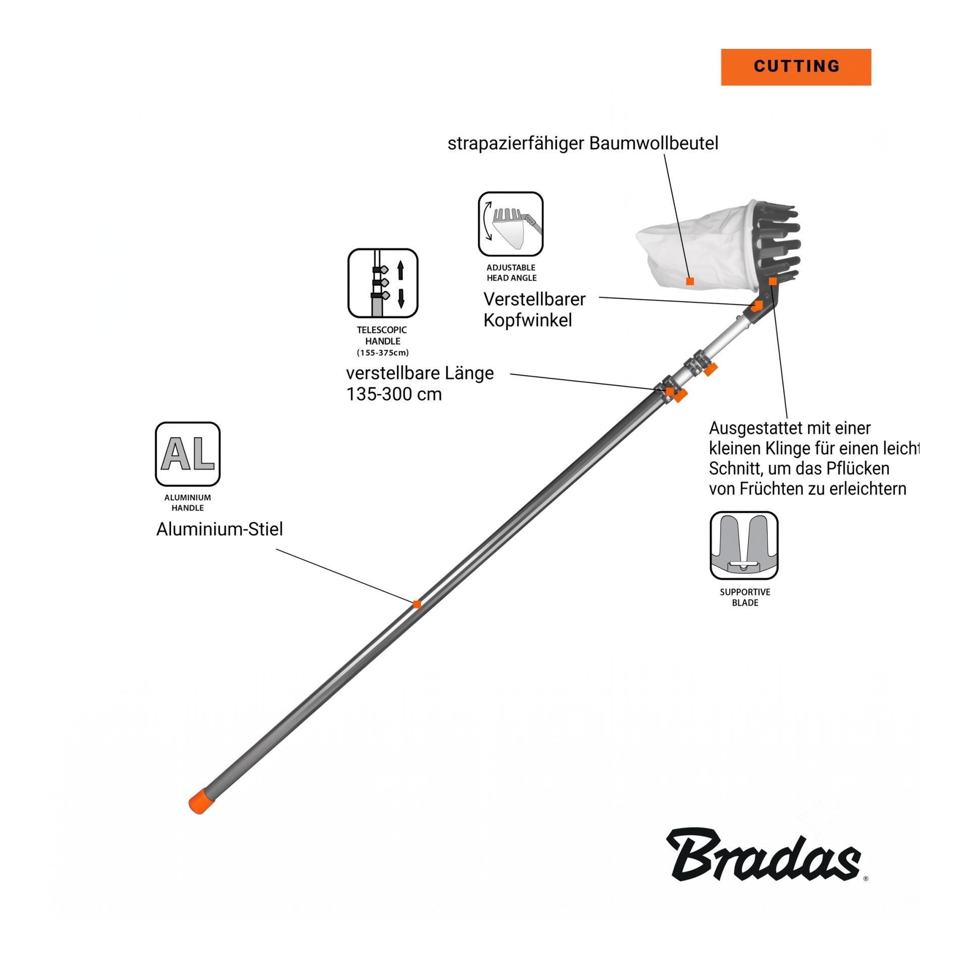 Bradas Cueille-fruits à manche télescopique