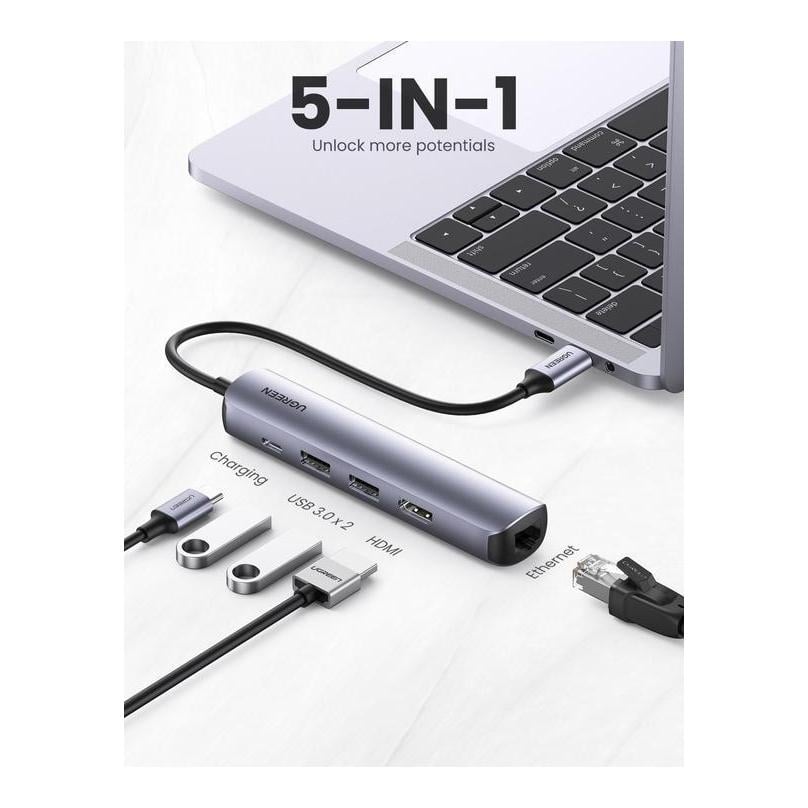 USB-C à 2x USB-A 3.0 + HDMI + Ethernet + Hub USB-C PD – gris