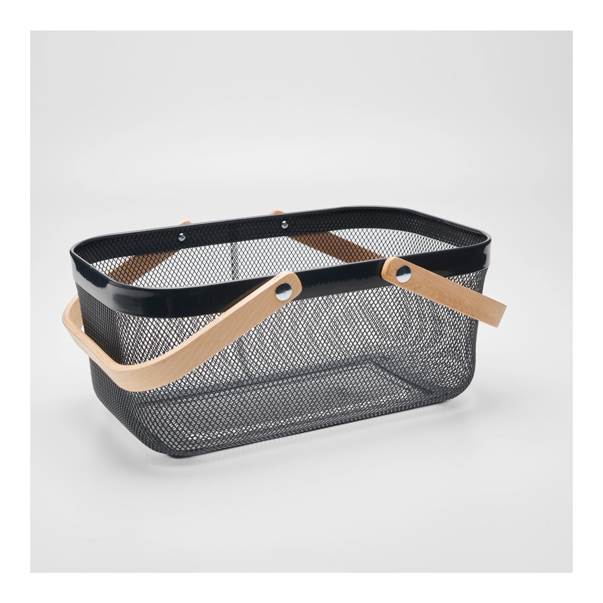 Metallkorb mit Holzgriff - grau
