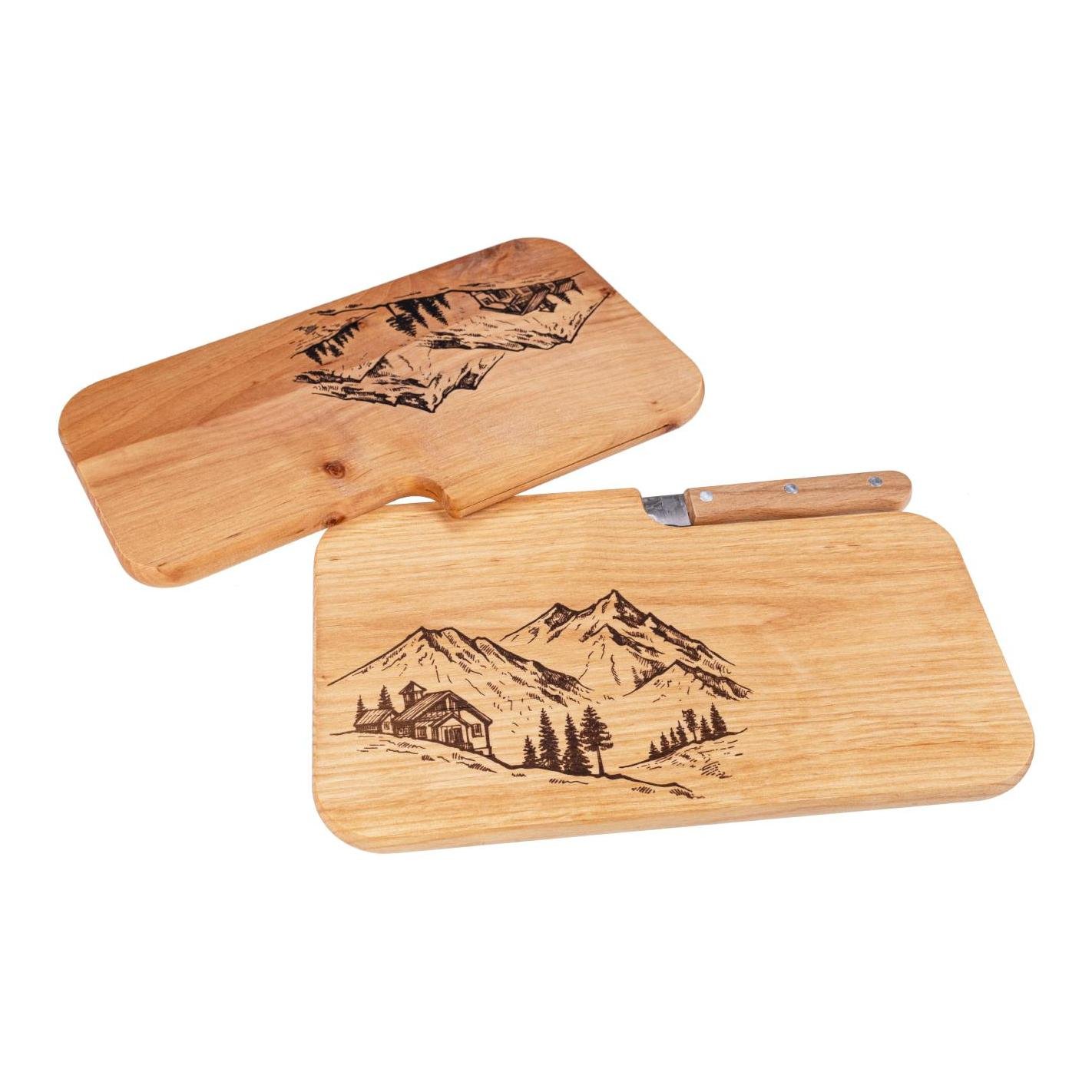 Schneidebrett mit Messer Motiv Almhütte 