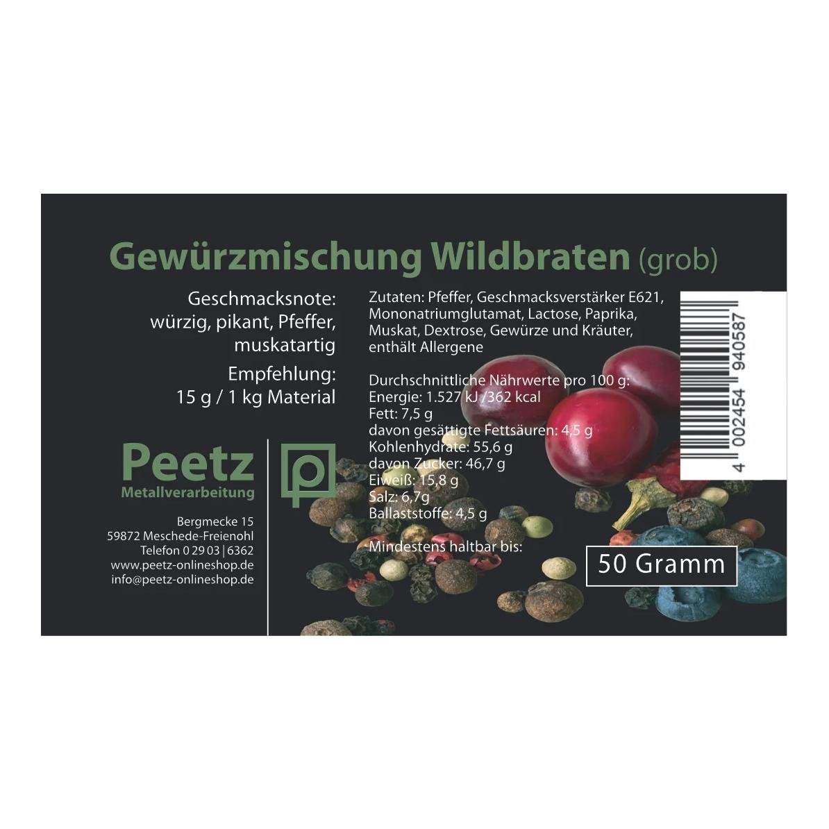 Peetz Gewürzmischung Wildbraten grob 50g wiederverschließbar