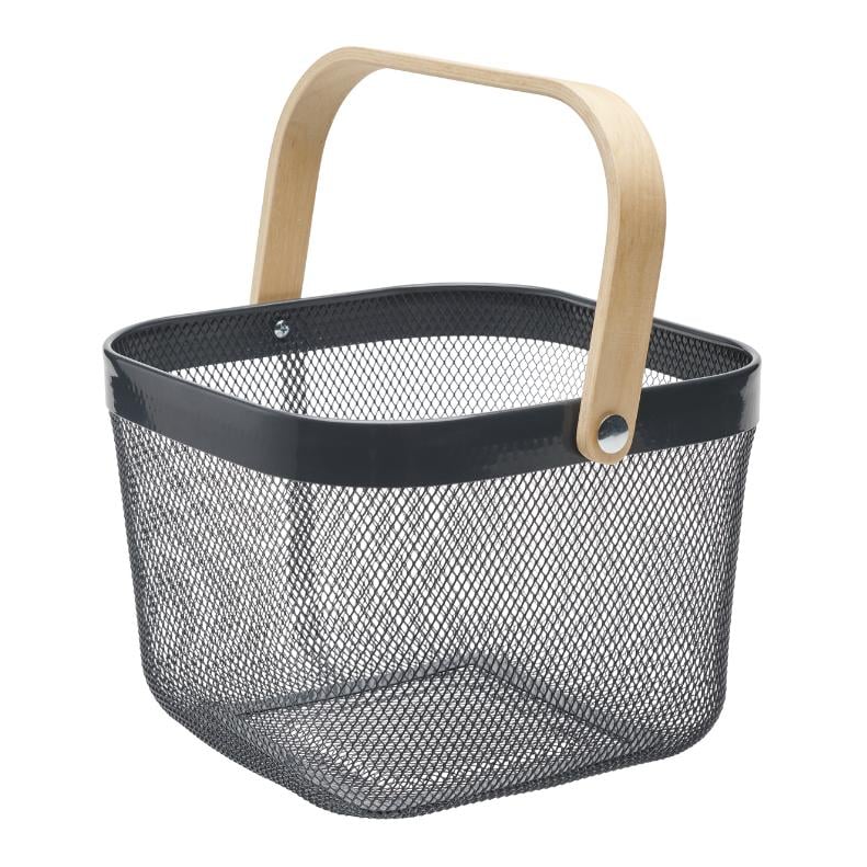 Metallkorb mit Holzgriff - grau