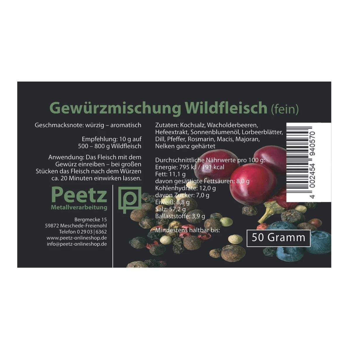 Peetz Gewürzmischung Wildfleisch fein 50 g wiederverschließbar