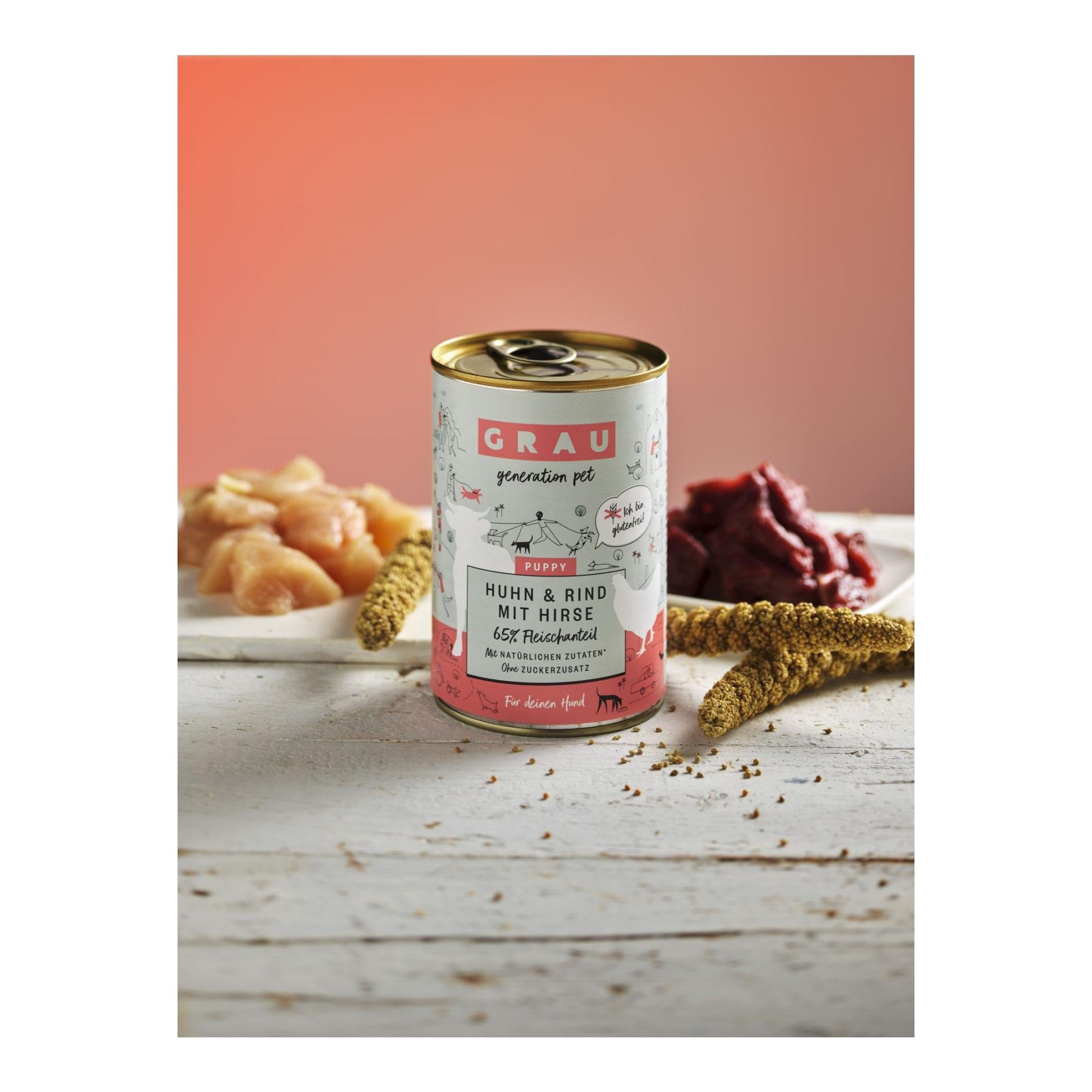 Nassfutter Puppy Huhn und Rind mit Hirse