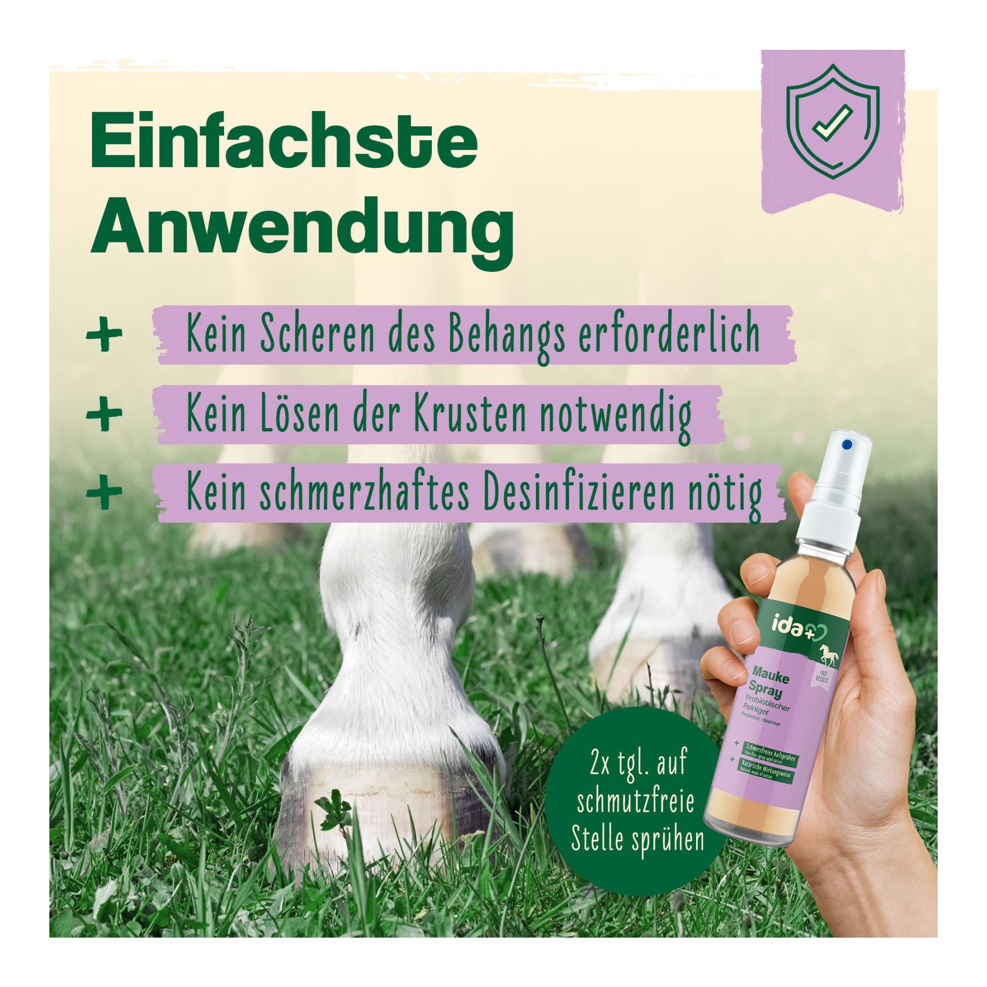 IdaPlus Mauke Spray für Pferde - schnelle Hilfe bei Mauke, Strahlfäule & Ekzemen 